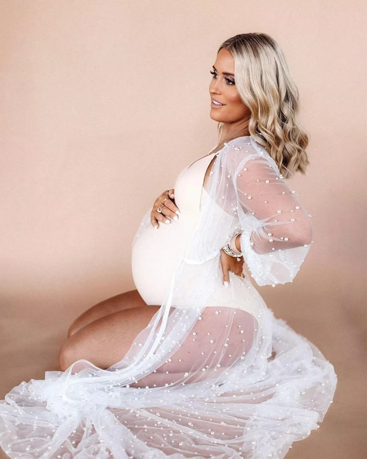 yinyyinhs Pearl Maternity Dress for Photoshoot Long Puffy Sleeves Tulle Robe for Women Bridal Lingerie BabyShower Dress