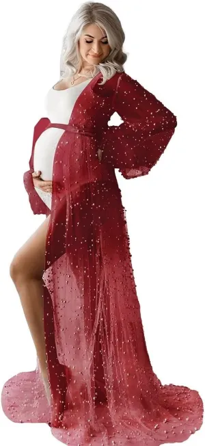 yinyyinhs Pearl Maternity Dress for Photoshoot Long Puffy Sleeves Tulle Robe for Women Bridal Lingerie BabyShower Dress