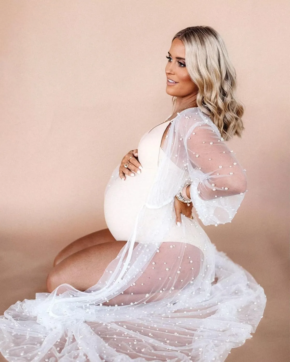 yinyyinhs Pearl Maternity Dress for Photoshoot Long Puffy Sleeves Tulle Robe for Women Bridal Lingerie BabyShower Dress