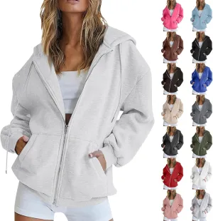 Zip Up Hoodie Women Fleece Lined Long Sleeve Oversized Sweatshirt Cute Hoodies Y2K Trendy Fall Jackets with Pockets