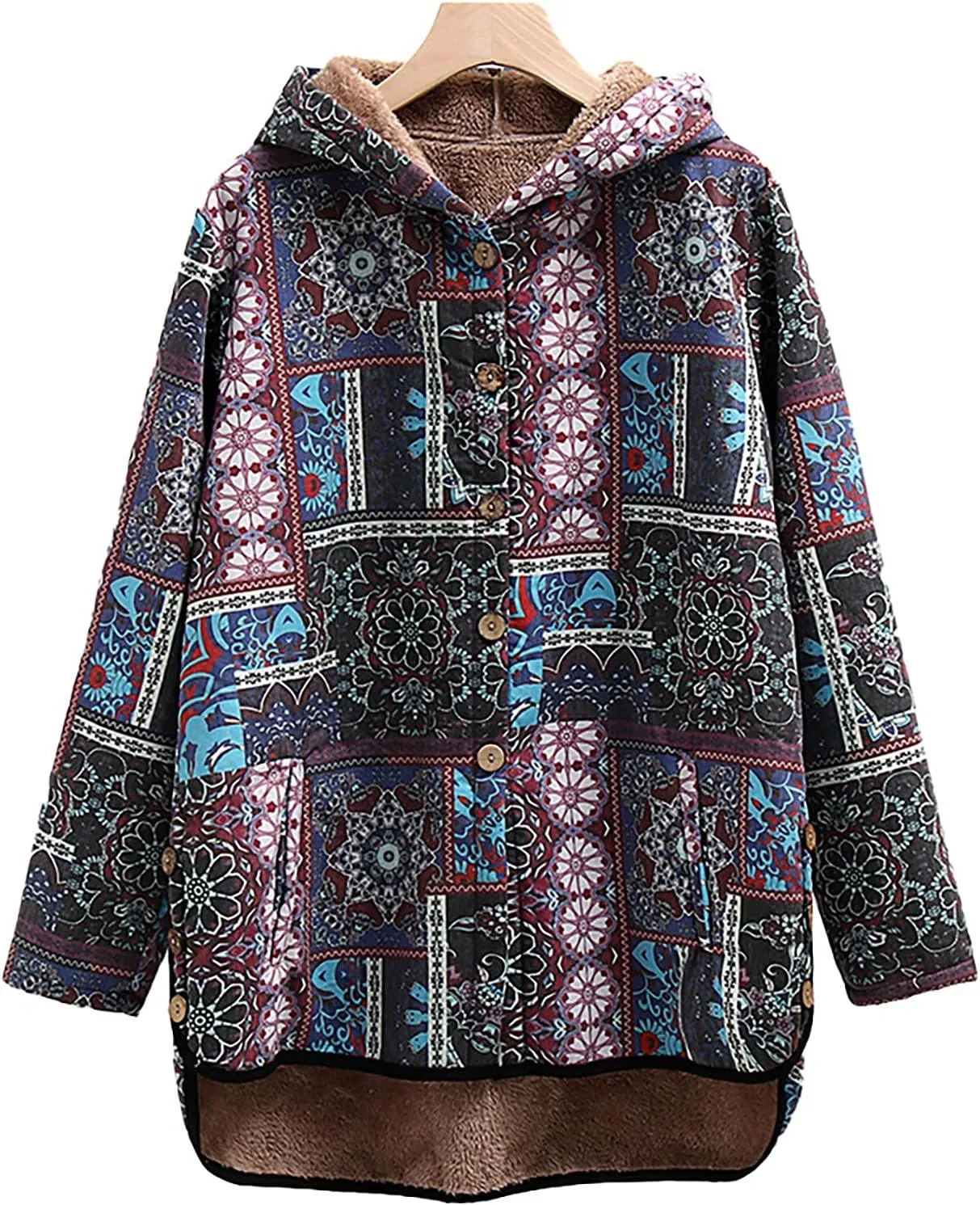 ZYXTIM Women Warm Coat Jacket Ethnic Boho Print Long Sleeves Flannel Lining Winter Overcoat Hooded Parka Outwear Christmas